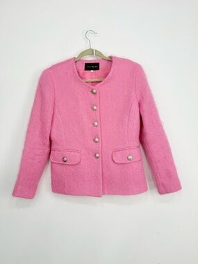 Harris Wallace Pink Fuzzy Mohair Silver Embossed Button Vintage Blazer Jacket